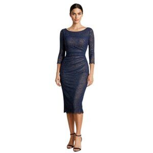 Reiss Dark Blue Lace Sheer Underlay Ruched Bodycon Midi Dress